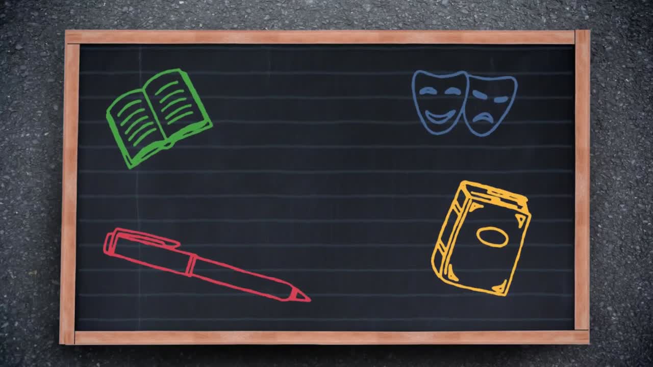 Multiple school concept icons on black board