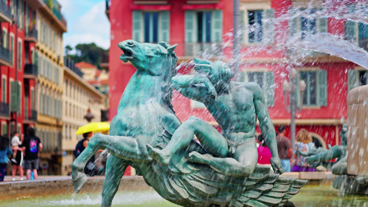 Nice, France - May 12, 2025: Close up of the Sun water fountain in the Massena Square in daylight