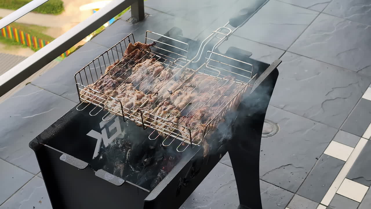 야외 발코니에 있는 bbq에 있는 맛있는 스테이크, 음식이 준비될 무렵, 그릴이 흡연하고, 느린 동작