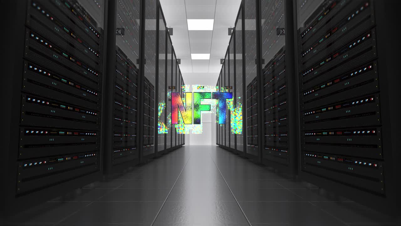 símbolo de obra de arte digital de nft en un centro de datos moderno y futurista.