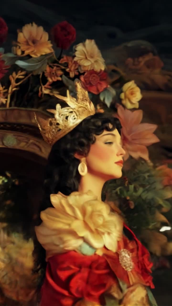 A regal woman in a crown surrounded by vibrant flowers, captured in a close-up, cinematic angle