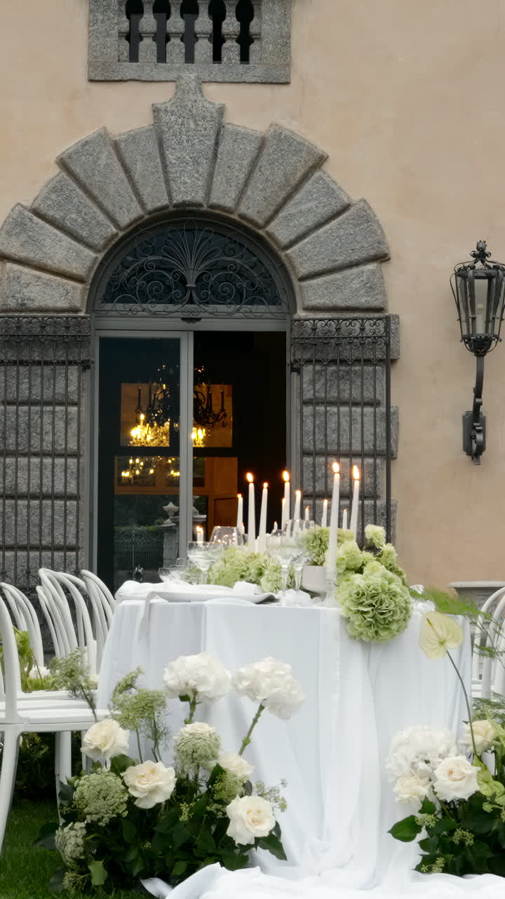 Elegante ricevimento di nozze all'aperto con decorazioni floreali e lume di candela