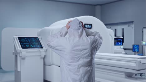 back view of asian male scientist having a headache while standing with mri machine in the hospital