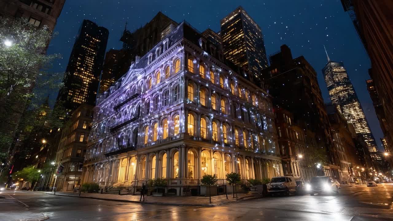 A Stunning Display of Innovative Architectural Lighting Transforming a Historic Building at Night Amidst a Vibrant Urban Skyline