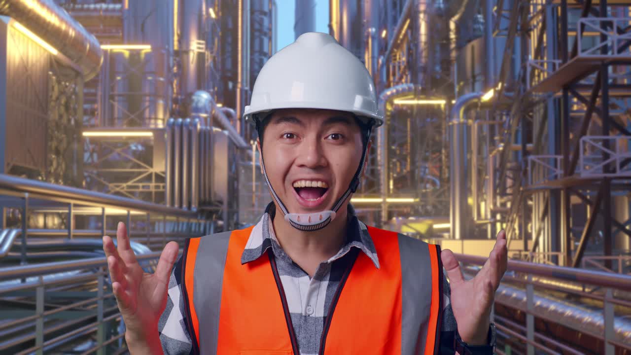 Close Up Of Asian Male Engineer With Safety Helmet Smiling To Camera And Saying Wow While Standing At A Vast Oil Refinery