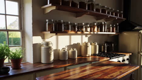 sunlit kitchen interior with traditional appliances and storage