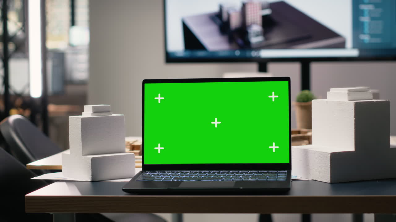 Real estate planning office with empty chairs and chroma key on laptop