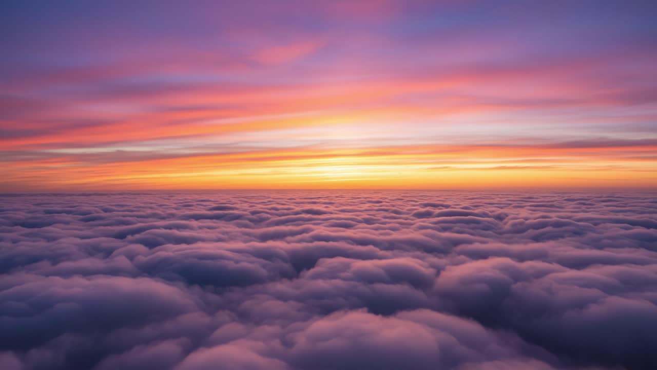 A Stunning Dusk Over the Cloudscape: Captivating Shades of Purple and Orange Illuminate the Horizon, Inviting Serenity and Reflection in a Profound Sky