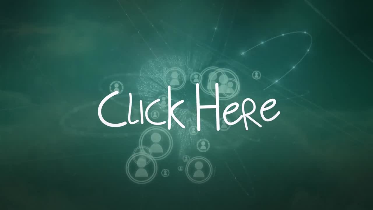 여기 텍스트, 프로필 아이콘 및 선과 추상적인 모양으로 연결된 점의 애니메이션을 클릭하십시오.