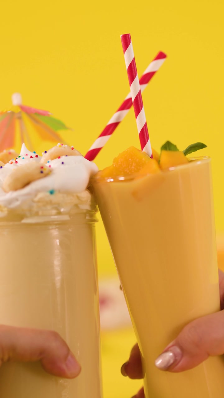 Due mani brindano con cremosi frullati al mango, guarniti con panna montata, cannucce a righe e decorazioni tropicali.