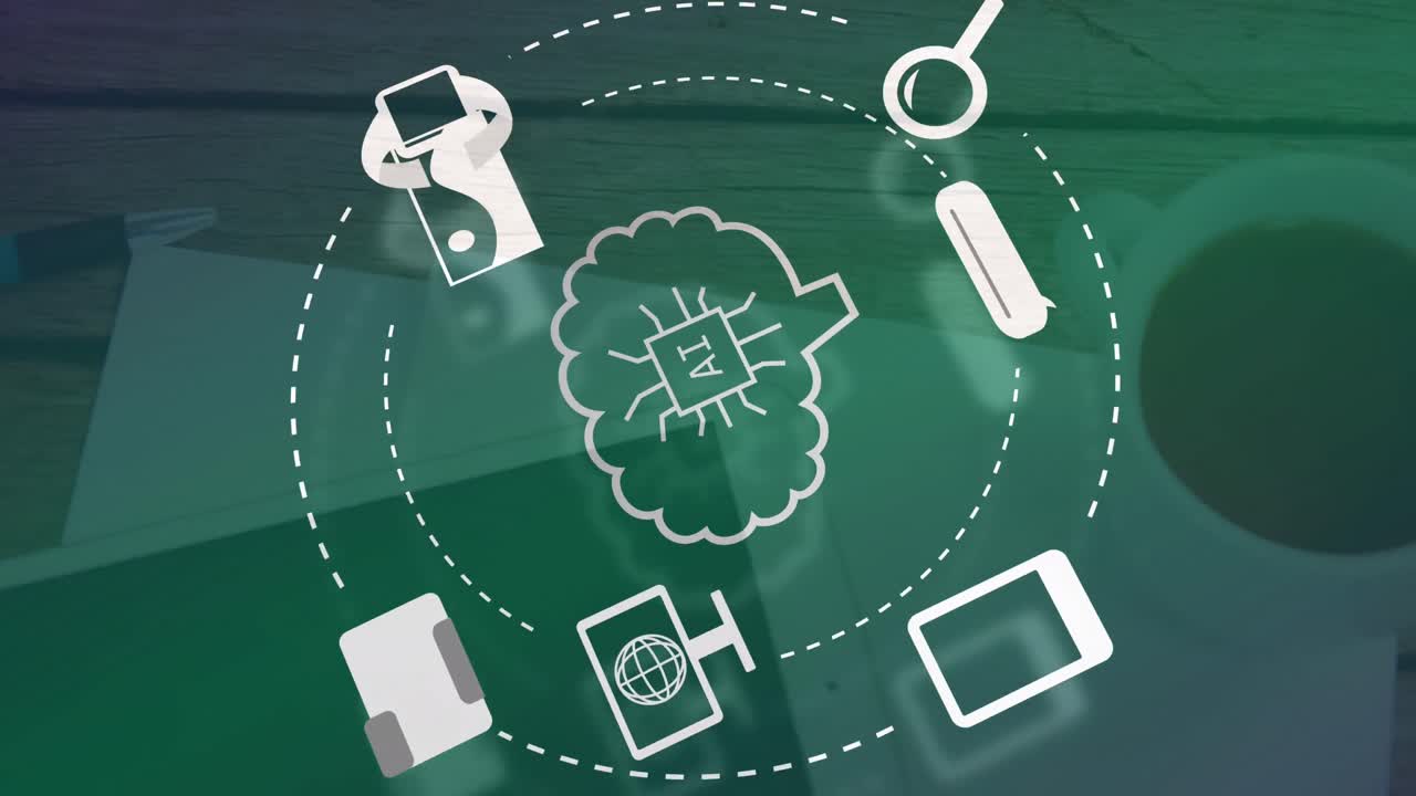 animación de un procesamiento de datos e iconos sobre un fondo verde