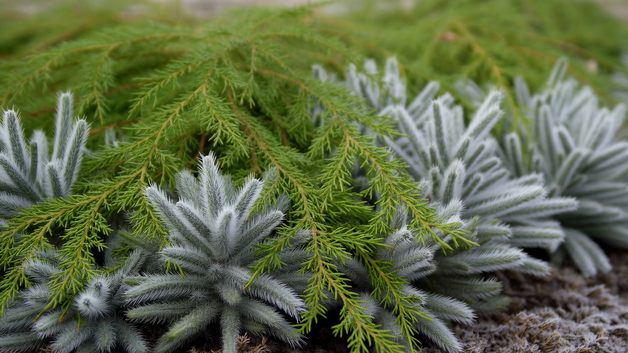 Closeup Silver Succulents Under Evergreen Branches, Tranquil Rock Garden Setting With Lowgrowing Carpet