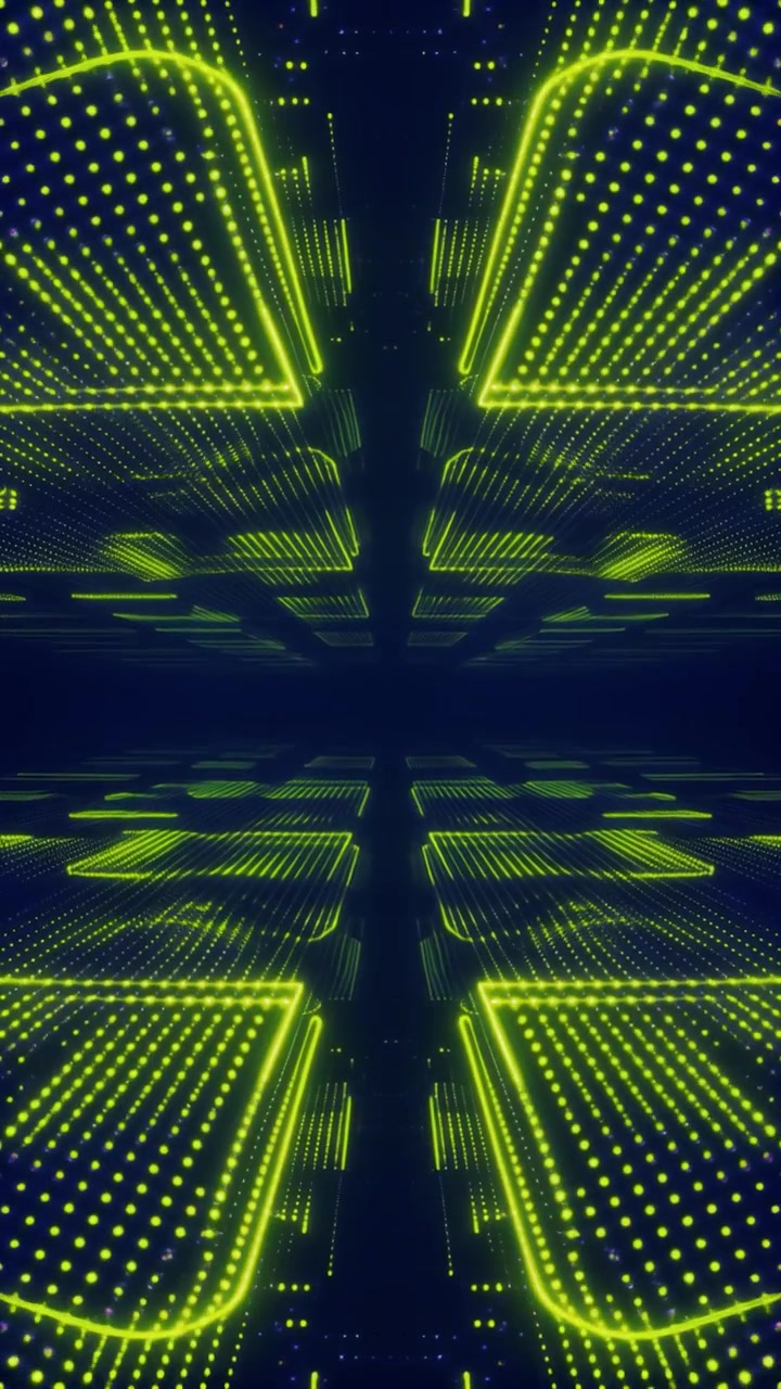 Tunnel Digitale Astratto con Griglia di Particelle Verde Neon Luminosa