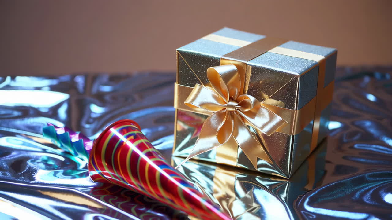Gift Box with Party Horn on Metallic Background
