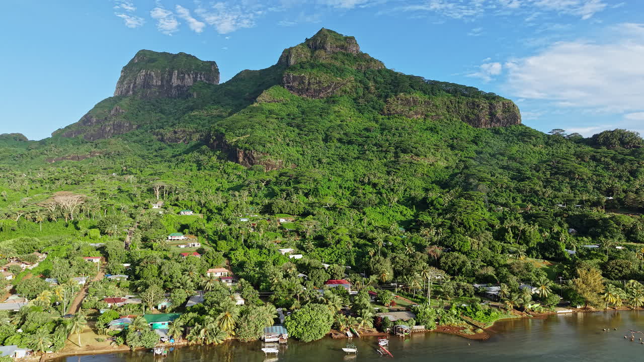 Bora Bora, French Polynesia. Drone Shot of Picturesque Island, Coastal Road, Houses and Stunning Landscape