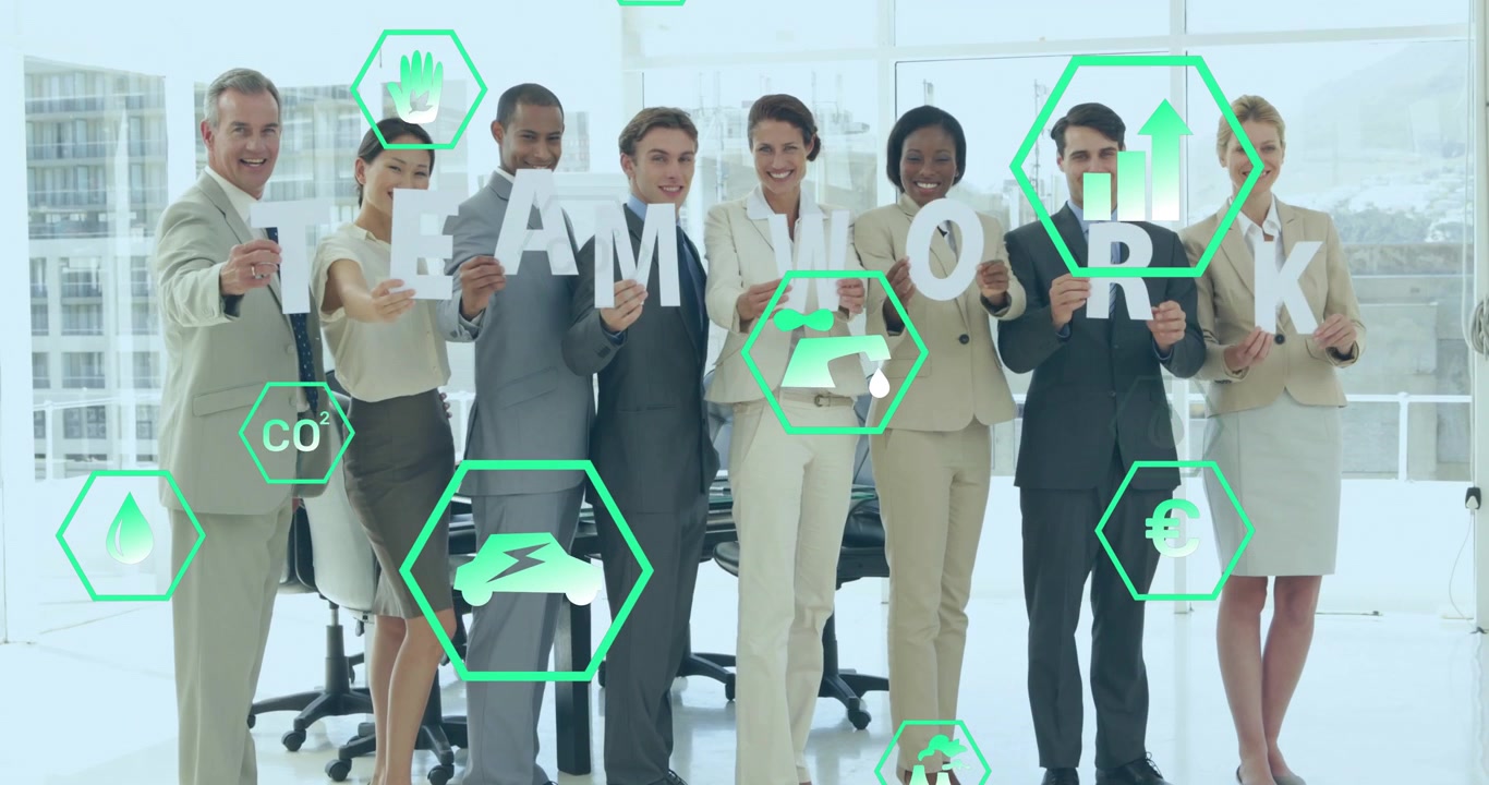 Team aligning cards on cue for marketing, moving green hex icons obscuring then revealing TEAMWORK