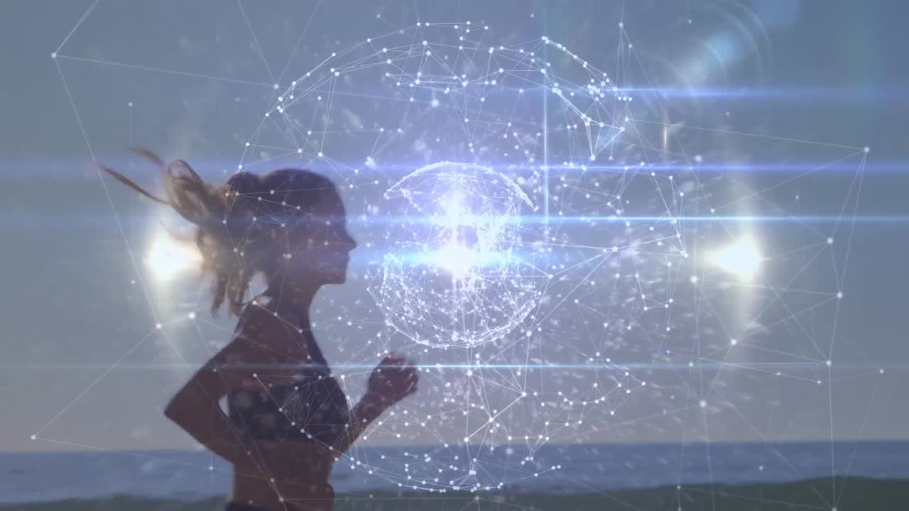 animación de redes de conexiones con el mundo sobre la mujer caucásica corriendo en la playa