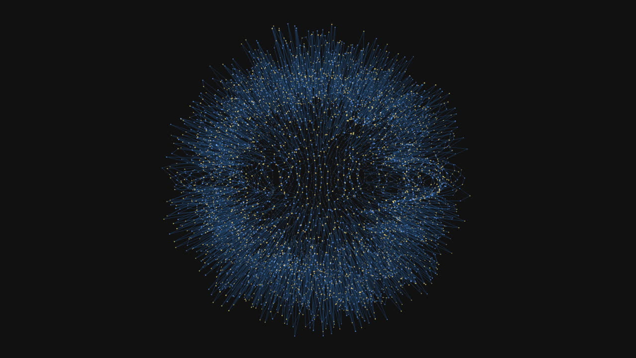 An abstract black and white image featuring a circular pattern of blue lines and dots, creating a visually striking and dynamic visual composition