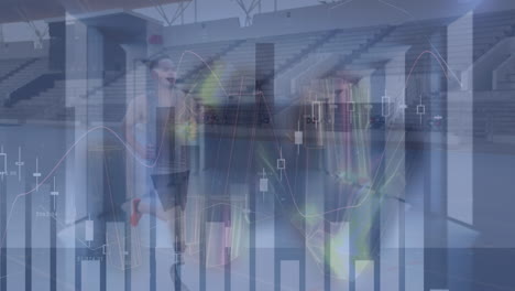 animation of financial data processing over man running and empty office