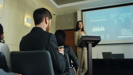 camera zoom in out on caucasian businesswoman talking on a podium in a conference room and showing some charts and graphics on the big screen