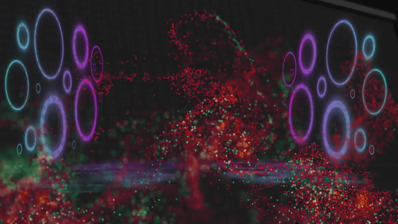 Abstract particle clusters swirling in digital space, with neon purple cyan rings framing dark grid