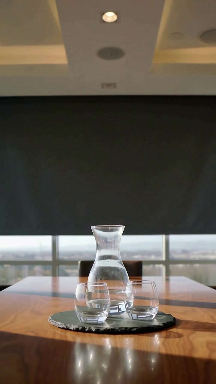 Vertical video: Camera slowly zooming toward carafe and two glasses on wood table, showing glints