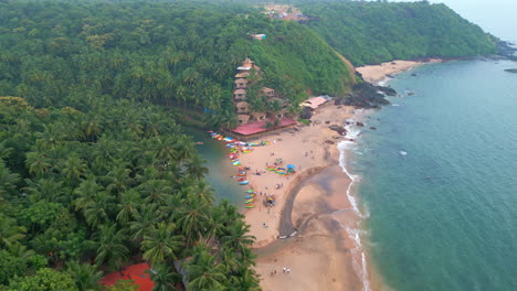 vista superior de la playa de cola con palmeras y coloridos kayaks goa india 4k dron