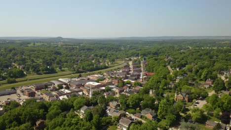 high aerial view of galena, illinois in summer