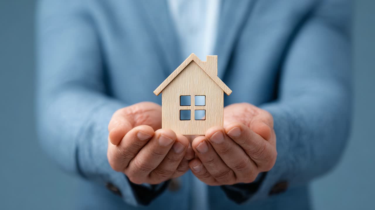 Una persona con un modellino di casa in legno, simbolo di proprietà immobiliare e investimento, in un ambiente moderno.