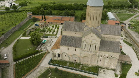 aerial view of alaverdi monastery reveals mountain horizon in east georgia