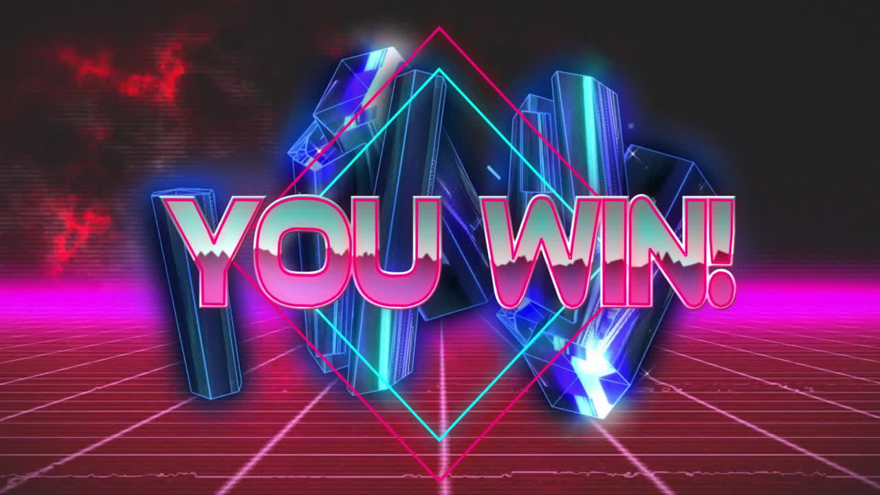 네온 모양을 통해 텍스트와 파란 크리스탈을 이기는 애니메이션