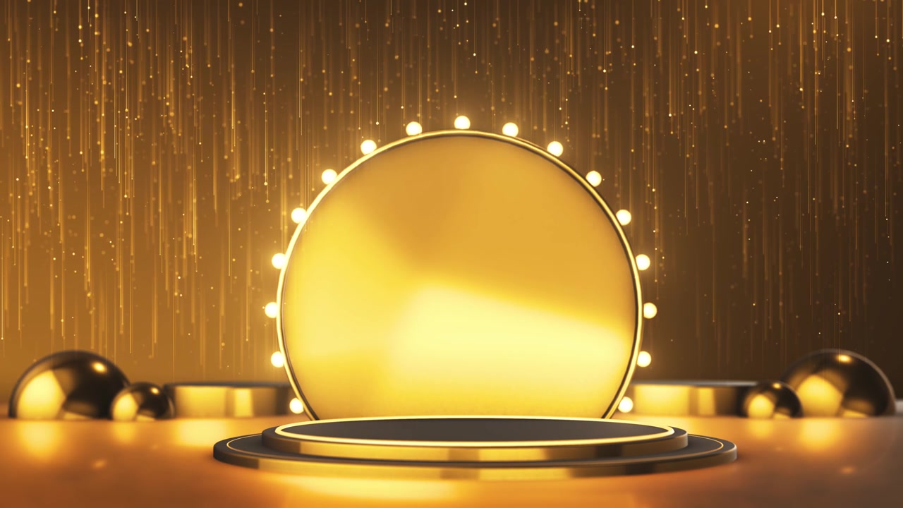 Premium gold podium celebration visual with bright round backdrop sparkling vertical rain and