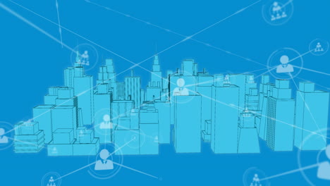 digital animation of network of profile against 3d city model spinning on blue background