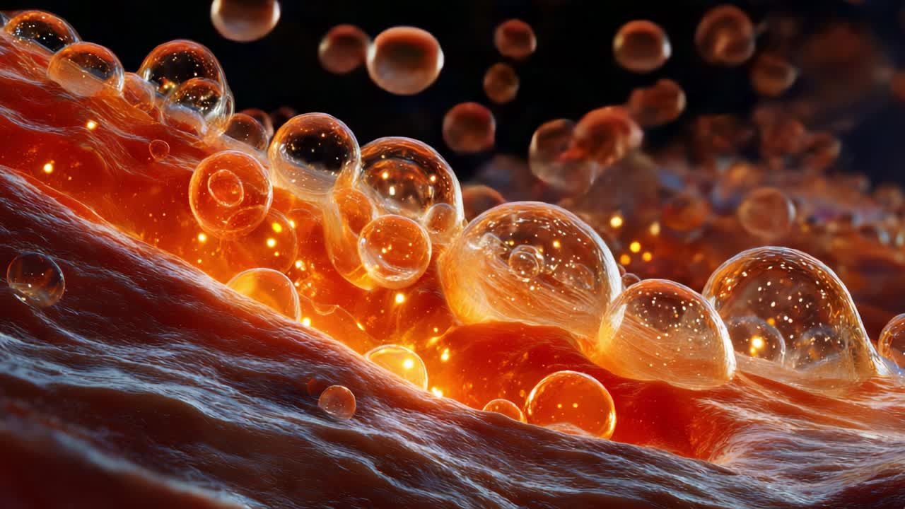 Captivating close-up of shimmering bubbles on a textured surface, showcasing the interplay of light and color in a mesmerizing display of organic movement and vibrant energy