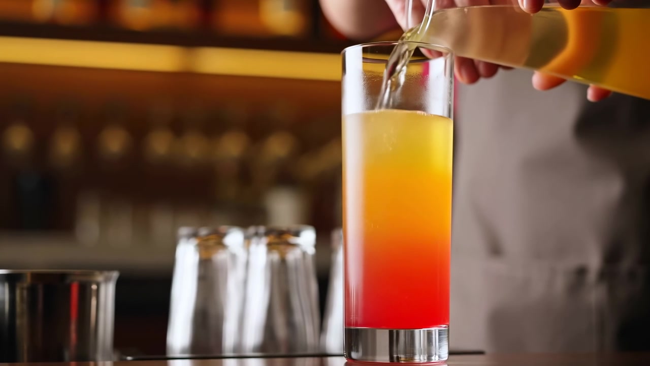 Bartender pouring pale yellow liquid into layered red orange highball glass on polished bar counter with warm backlight and soft bokeh in lively cocktail service scene