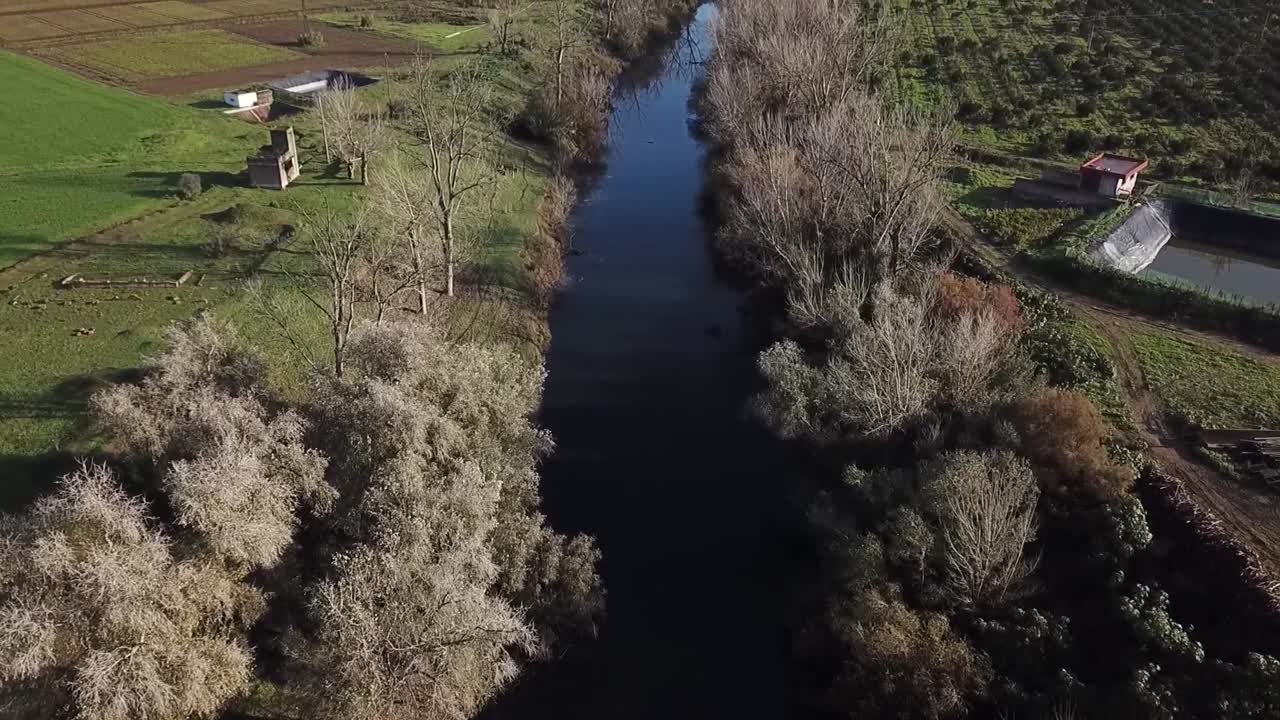 Primo piano aereo che guarda in basso su un canale di irrigazione marocchino. Mostra l'acqua scura che scorre, densi alberi dalle foglie argentate e l'intricato ecosistema naturale della valle del fiume Loukkos