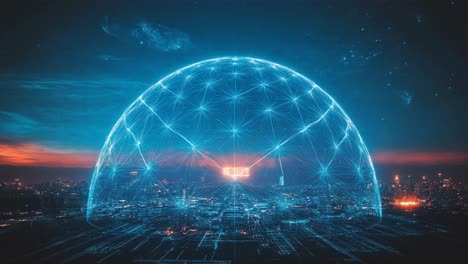 futuristic city protected by a digital dome
