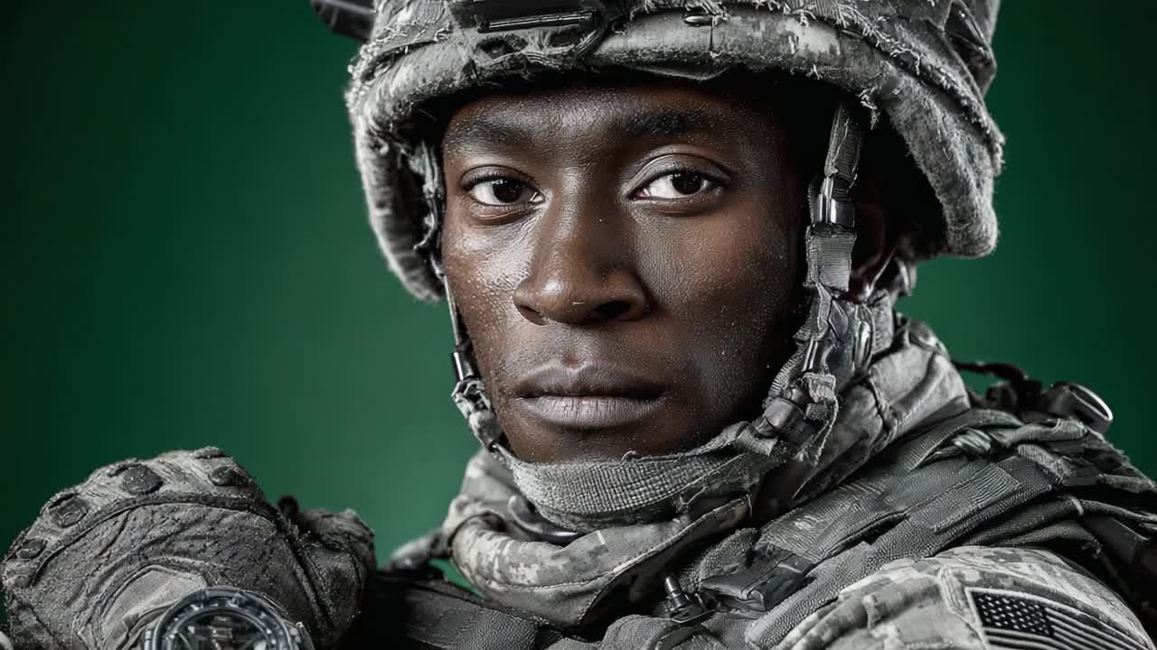Un ritratto ravvicinato di un soldato in equipaggiamento militare, che mostra determinazione e forza, ambientato su uno sfondo verde, enfatizzando lo spirito e la resilienza delle forze armate