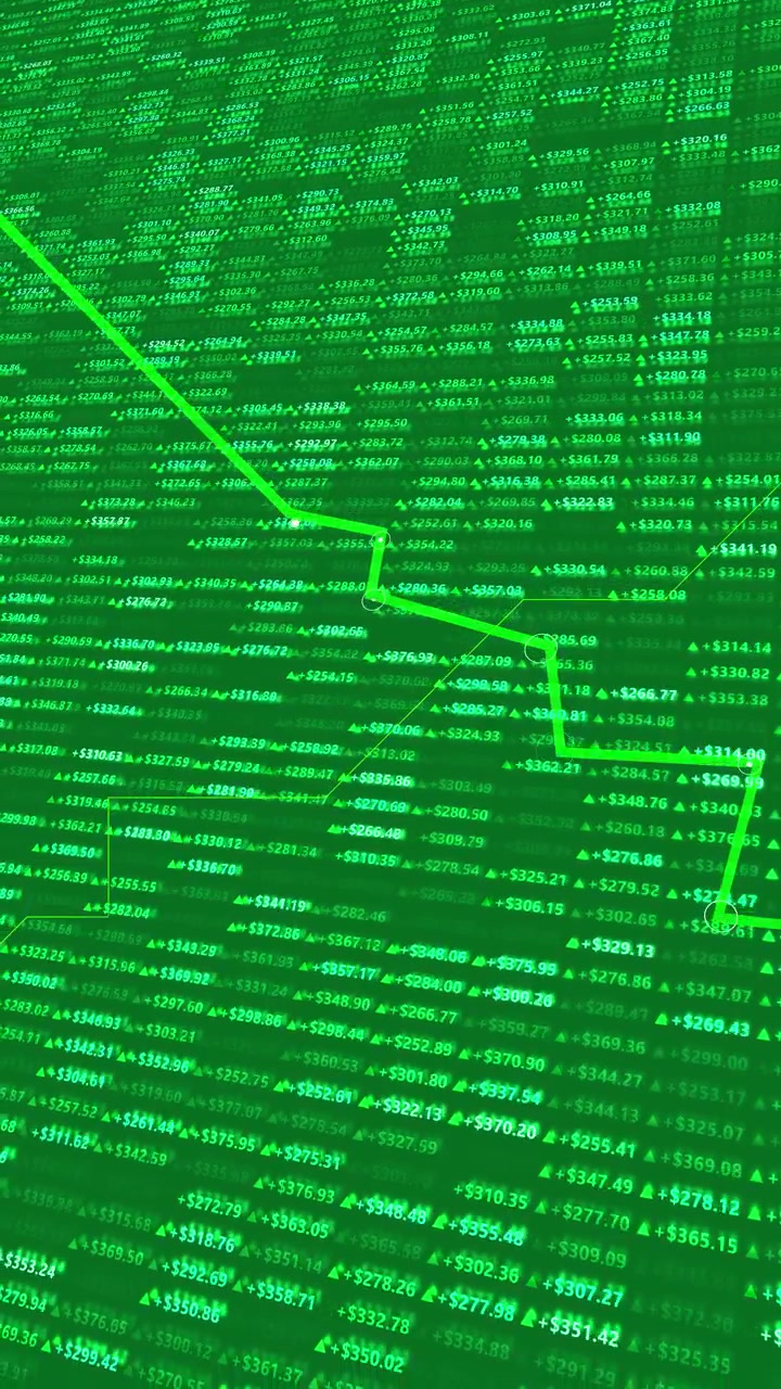 Groene financiële gegevensgrafiek achtergrond met stijgende lijngrafiek, gloeiende prijscijfers en marktsymbolen