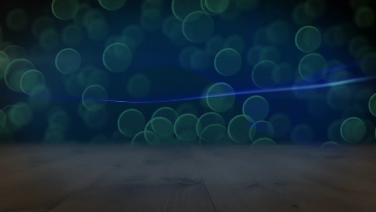 Faint blue line emerging from left, gliding across platform with green bokeh, showing fluid motion