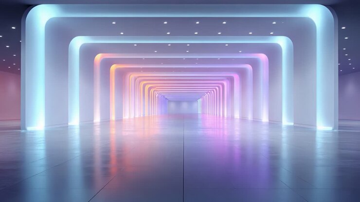 Et levende arkitektonisk rum med farverig neonbelysning, der skaber en dynamisk og futuristisk atmosfære i en moderne gang
