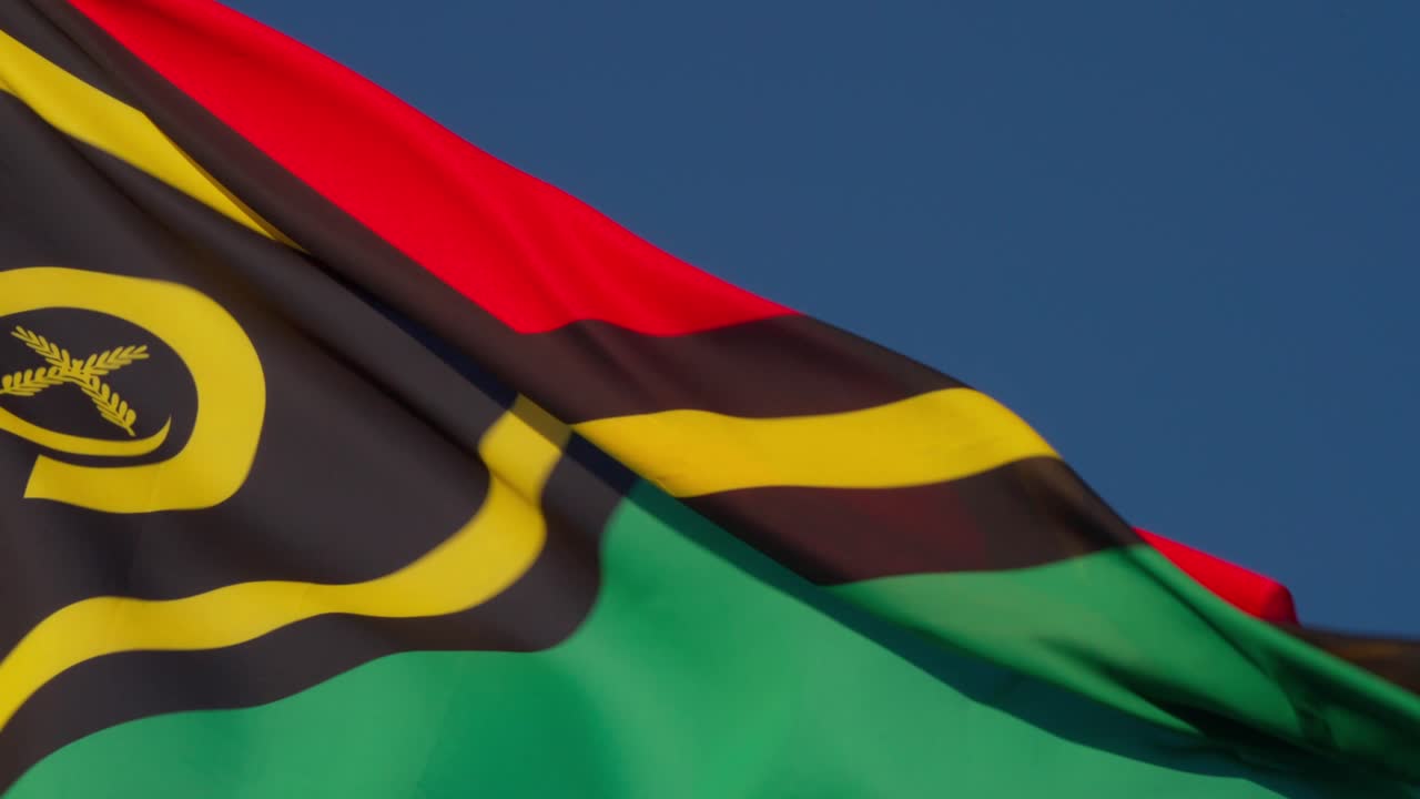 Dettaglio ravvicinato della bandiera di Vanuatu che mostra colori ed emblema che sventolano in piena luce diurna. Luogo: Vanuatu Vanuatu