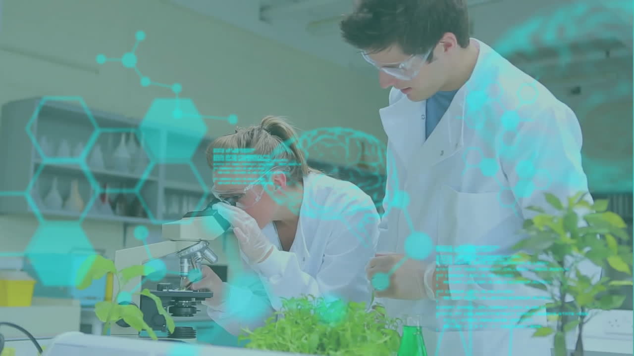 연구실에서 일하는 백인 과학자들에 대한 과학 데이터 처리의 애니메이션