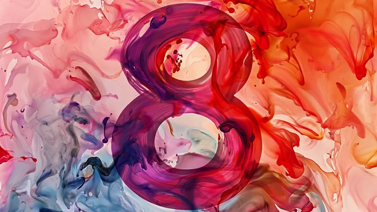 Vibrant Abstract Art with Number 8 and Colorful Ink Swirls