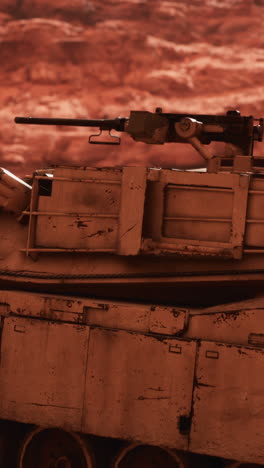 close-up of a military tank in a desert environment