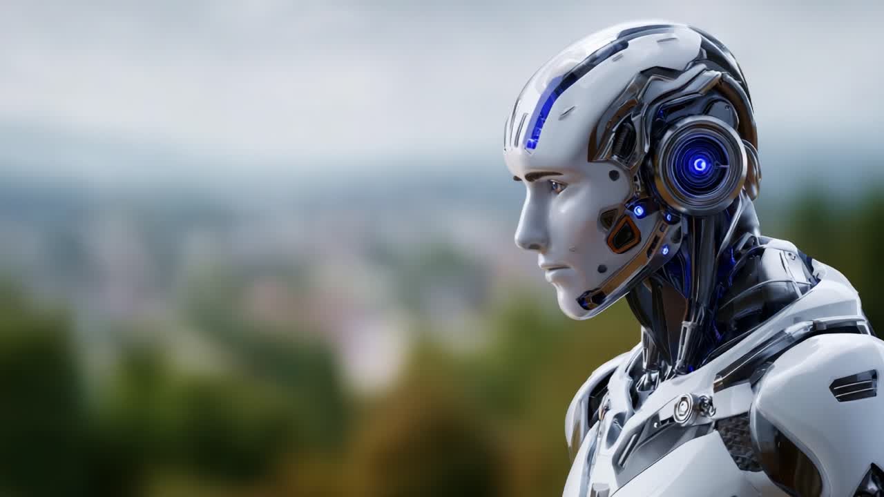 Robot umanoide futuristico con design avanzato che mette in mostra dettagli complessi, superficie metallica e caratteristiche illuminate in un sereno ambiente esterno
