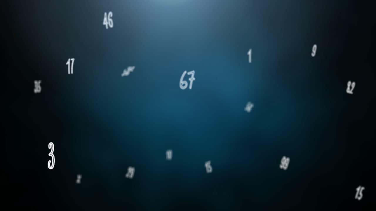 파란색 배경에 떠다니는 여러 숫자와 기호의 디지털 애니메이션