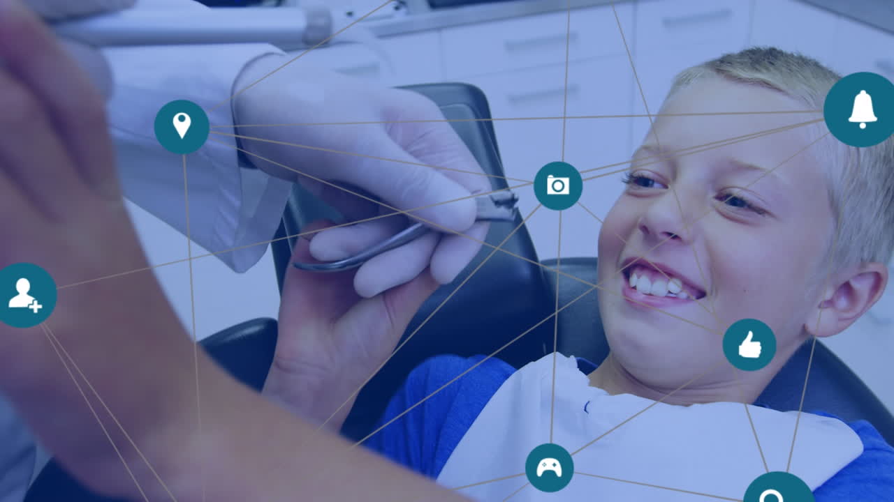 Animation of network of connections with icons over dentist with patient