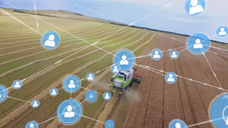 animating social media icons and network connections over agricultural field with harvester