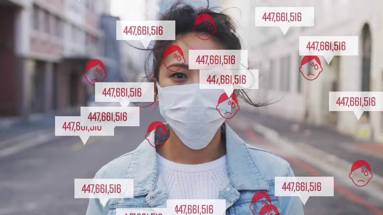 Animation of a woman with a mask in the street over red icons